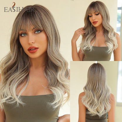 Brown Mixed Blonde Synthetic Wigs with Bang Long Natural Wavy Hair Wig for Women Daily Cosplay Use Heat Resistant Wigs The Clothing Company Sydney