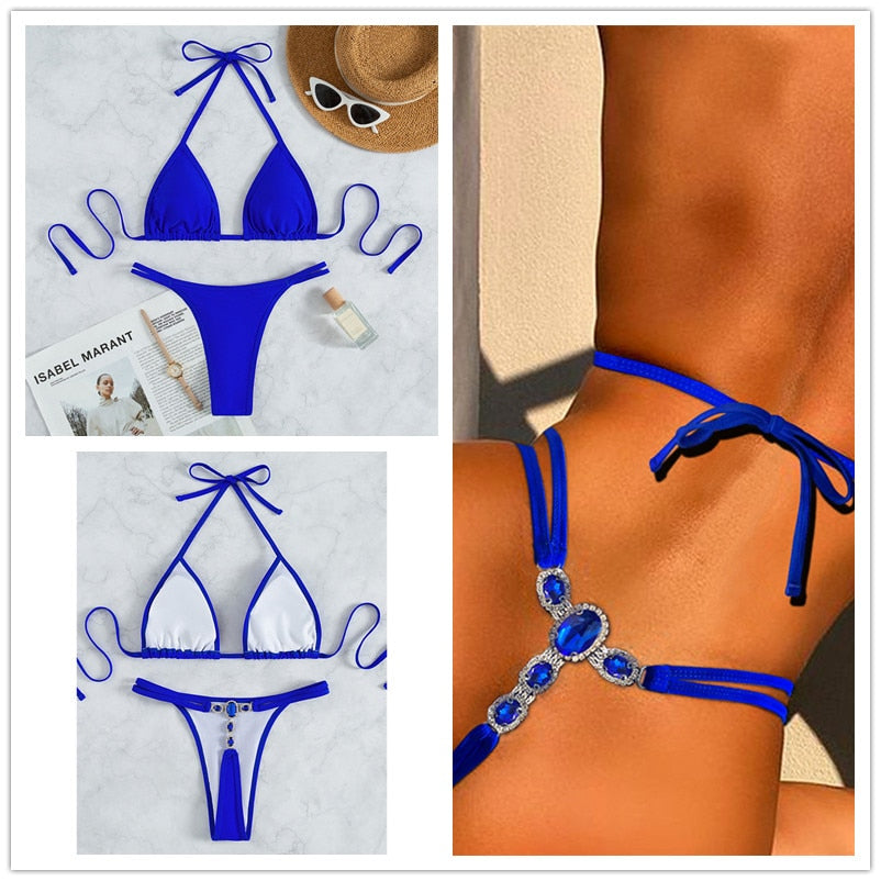 Luxury Two Piece Thong Swimsuit With Rhinestones Bikini Stones High Waist Blue G-String Bathing Suit For Women The Clothing Company Sydney