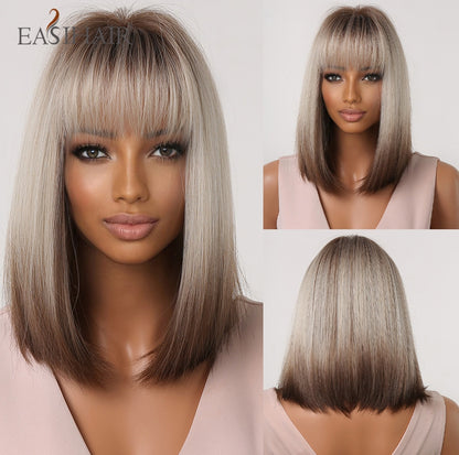 Short Straight Bob Wigs with Bang Golden Brown Natural Synthetic Hair for Women Daily Cosplay Heat Resistant Fiber Wigs The Clothing Company Sydney