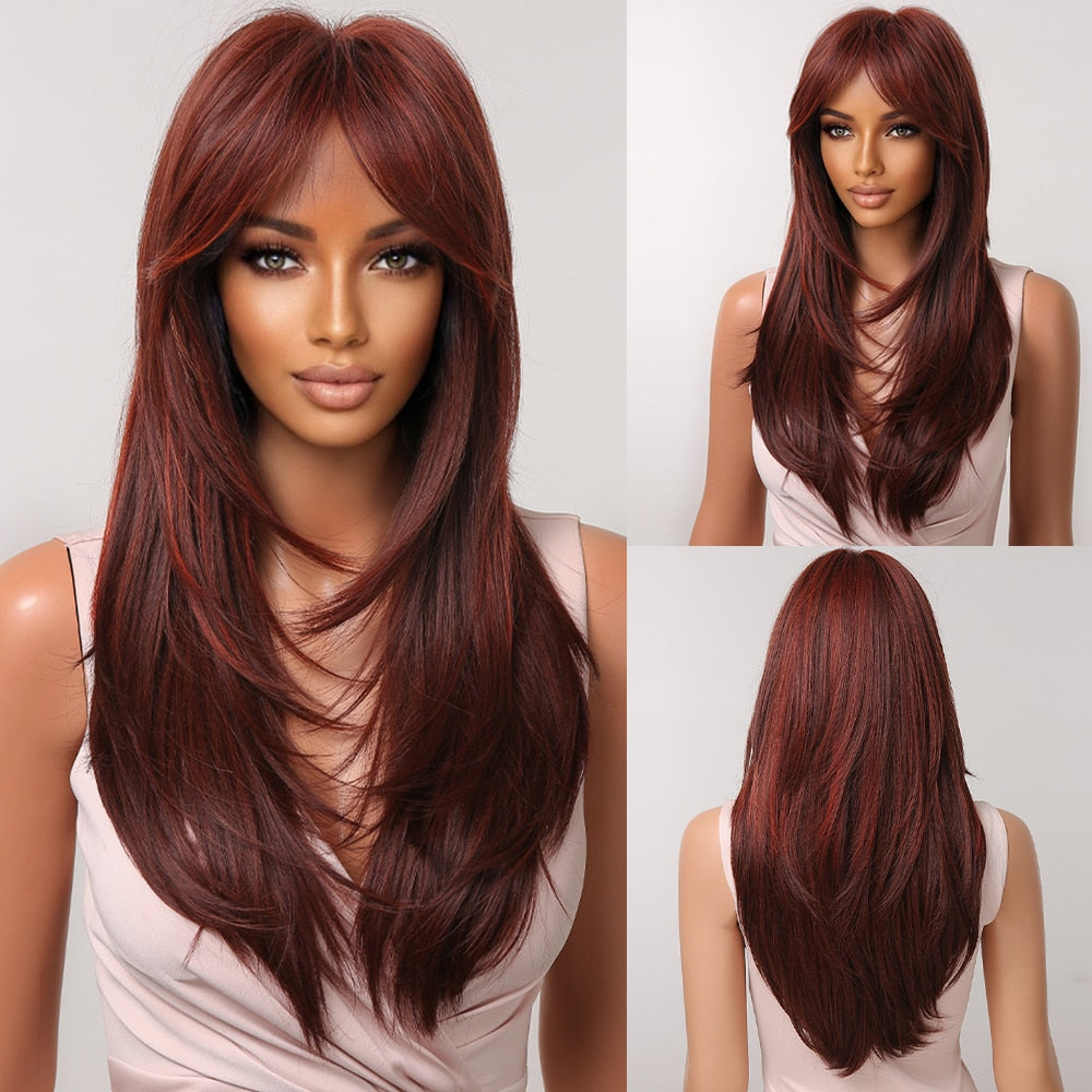 Long Straight Blonde Layered Synthetic Wigs Brown Balayage Ombre