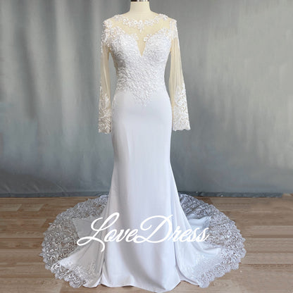 Elegant Scoop Mermaid Wedding Dresses Long Sleeves Illusion Back Buttons Lace Applique Train Gown The Clothing Company Sydney