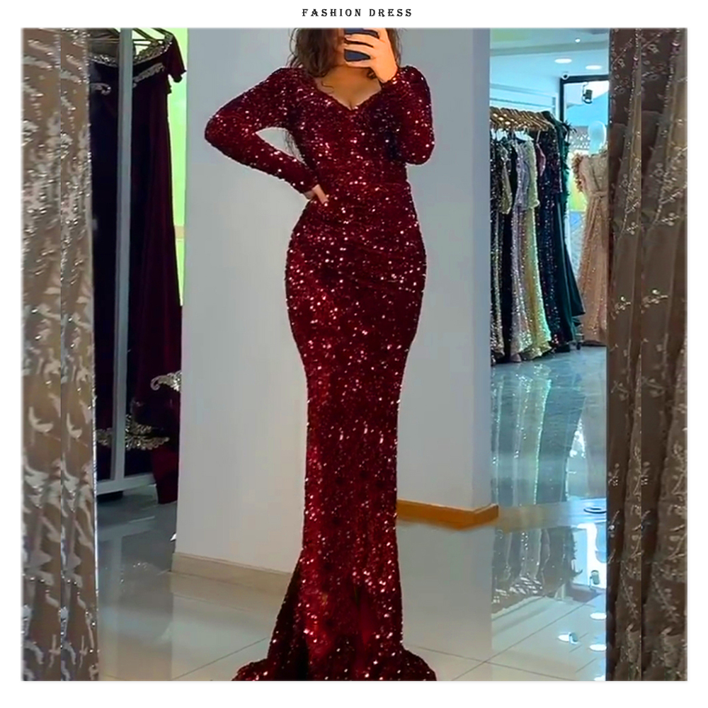 Luxury Long Sleeve Evening Gown Sequin Stretchy Velvet V Neck Mermaid Prom Floor Length Formal Cocktail Dress The Clothing Company Sydney