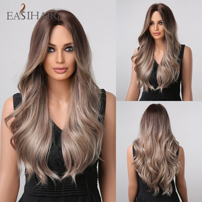 Ombre Brown Gray Ash Synthetic Long Wavy Wigs Middle Part Mixed Blonde Wig Women Daily Cosplay Heat Resistant Wigs The Clothing Company Sydney
