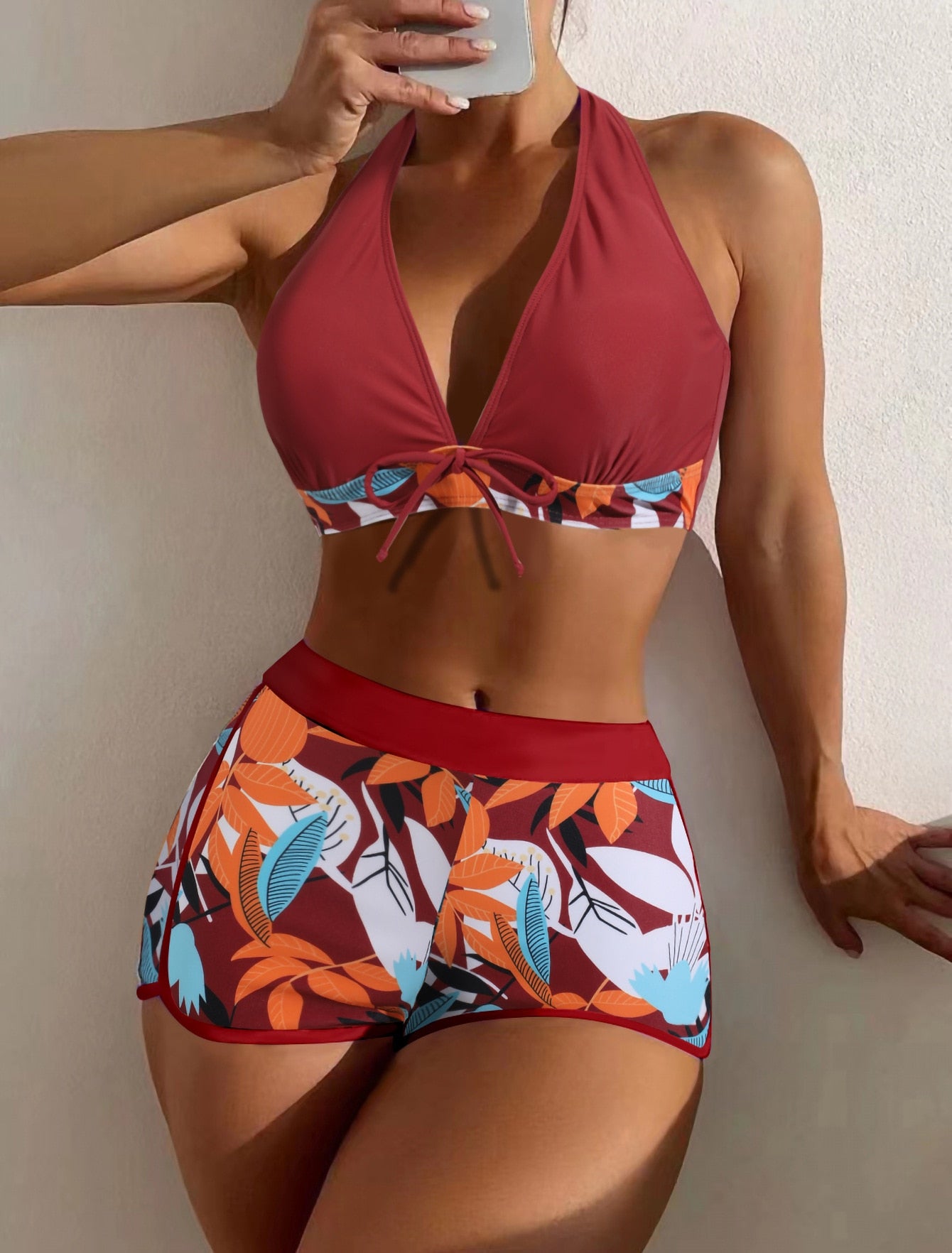 Print Tie Halter Swimwear High Waist Push UP Shorts Bikini Set Swimsuit Backless Beach Bathing Suit The Clothing Company Sydney