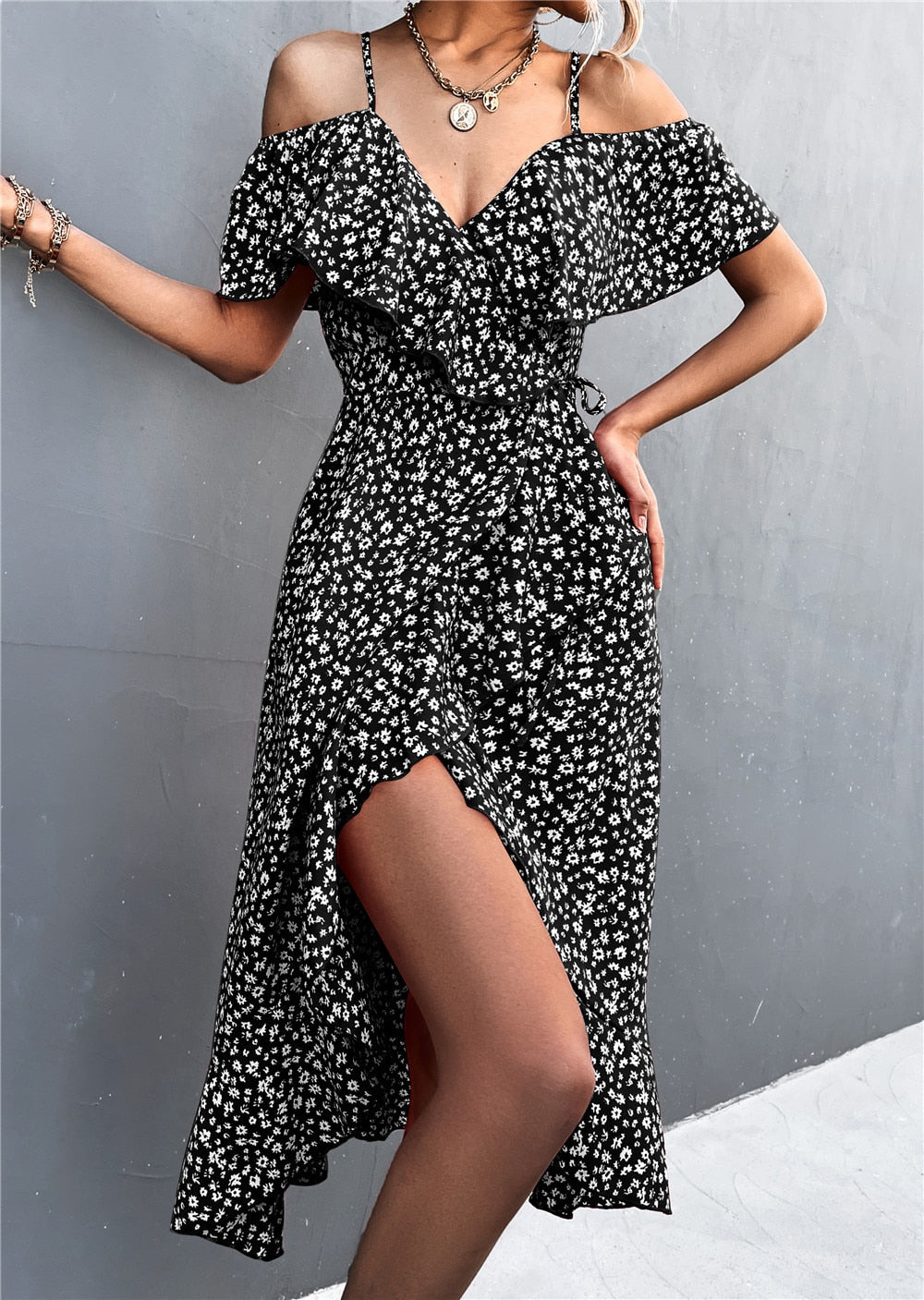 Summer Straps Midi Dress Beach Casual Party Off Shoulder Slim Ruffles Floral Print Dresses The Clothing Company Sydney