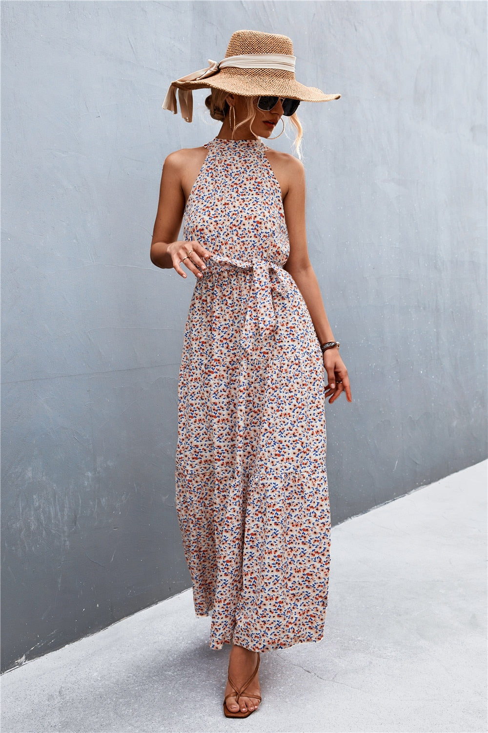 Summer Holiday Flower Printed Folds Blue Dress Beach Casual Neck-mounted Bandage Elegant Party Long Dress The Clothing Company Sydney