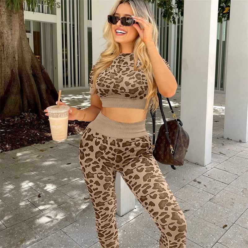 2 Piece Seamless Yoga Suit Women Fitness Suits Leopard Print Short Sleeve Crop Top Tight Hip Lift Pants Yoga Set  Women Sport Suits The Clothing Company Sydney