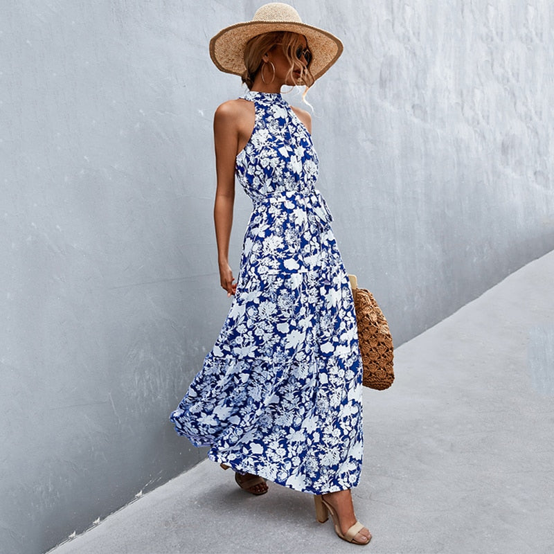 Summer Holiday Flower Printed Folds Blue Dress Beach Casual Neck-mounted Bandage Elegant Party Long Dress The Clothing Company Sydney