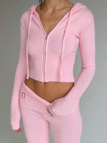 Women's Spring Outfits Casual Zipper Sweater Hoodie Set High Waist Flare Pants Suits Pink Knitted Y2k Two Piece Set The Clothing Company Sydney