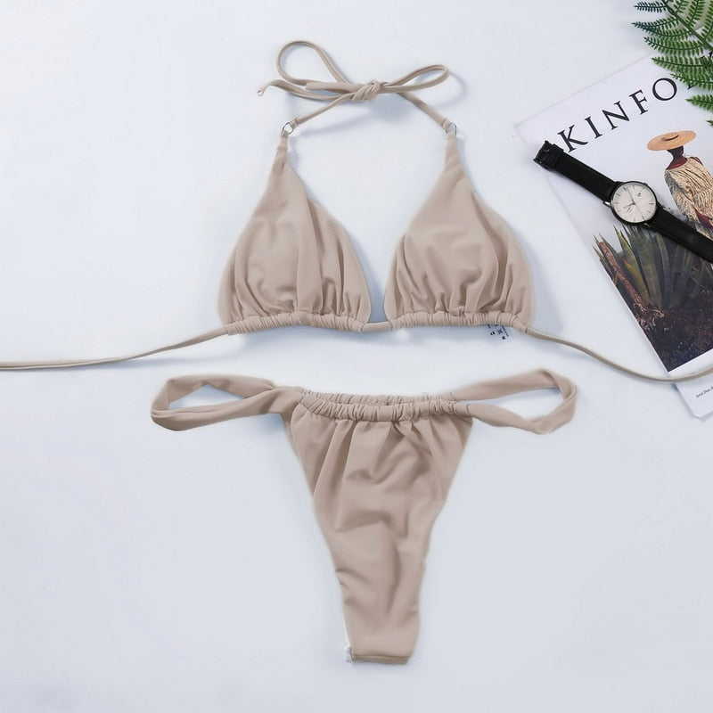 2 Piece Solid Brazilian Bikini Micro Halter Swimwear T-back Swimsuit Thong Bikini Set Bathing Suit The Clothing Company Sydney