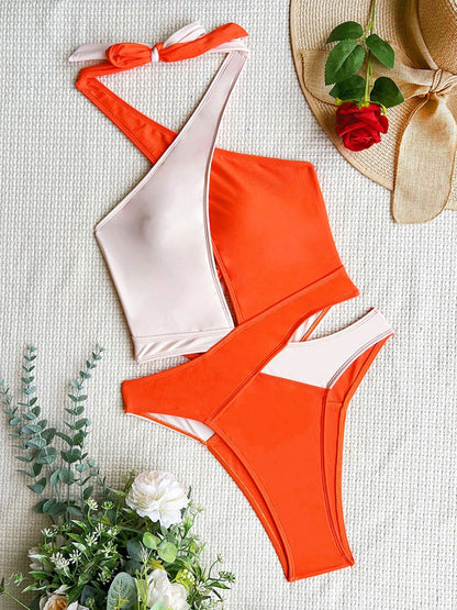 Cut Out Swimsuit One Piece Colorblock Swimwear Wrap Halter Monokini High Cut Bathing Suit Bodysuit Beachwear The Clothing Company Sydney