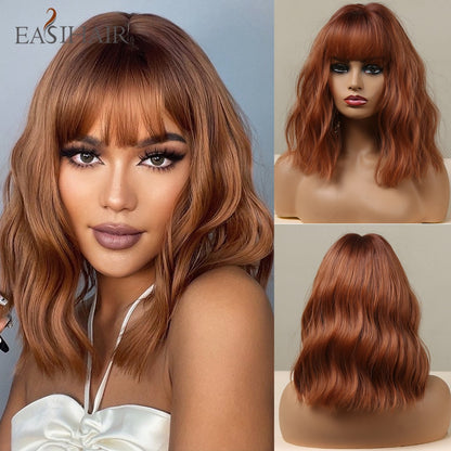 Short Straight Bob Wigs with Bang Golden Brown Natural Synthetic Hair for Women Daily Cosplay Heat Resistant Fiber Wigs The Clothing Company Sydney