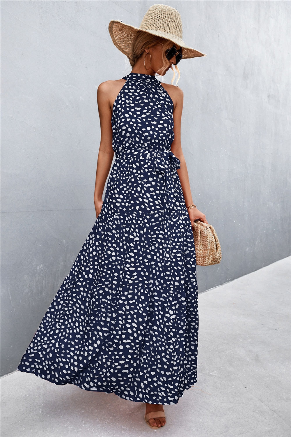 Summer Holiday Flower Printed Folds Blue Dress Beach Casual Neck-mounted Bandage Elegant Party Long Dress The Clothing Company Sydney