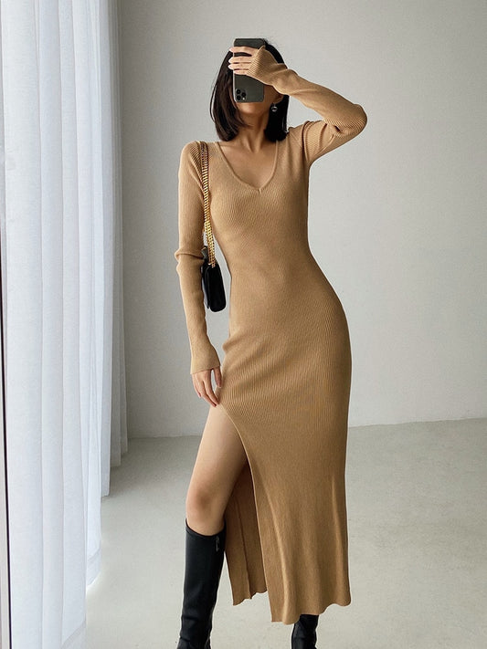 Long Sleeve slit sweater dress slim tight fitting hip knit over the knee dresses The Clothing Company Sydney