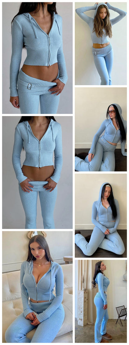 Women's Spring Outfits Casual Zipper Sweater Hoodie Set High Waist Flare Pants Suits Pink Knitted Y2k Two Piece Set The Clothing Company Sydney