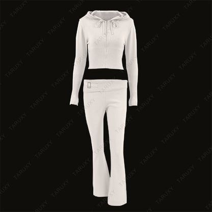 Women's Spring Outfits Casual Zipper Sweater Hoodie Set High Waist Flare Pants Suits Pink Knitted Y2k Two Piece Set The Clothing Company Sydney