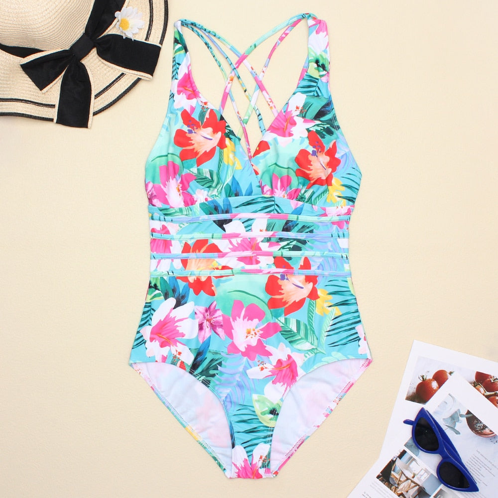 Women's Printed One Piece Swimwear Backless Swimsuit V Neck Summer Beach Wear Bathing Suit The Clothing Company Sydney