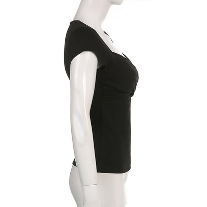Y2K Cross Crop Top Folds Black Square Collar T Shirt Short Sleeve Square Collar Cute Chic Tee Grunge Tee Retro Top The Clothing Company Sydney