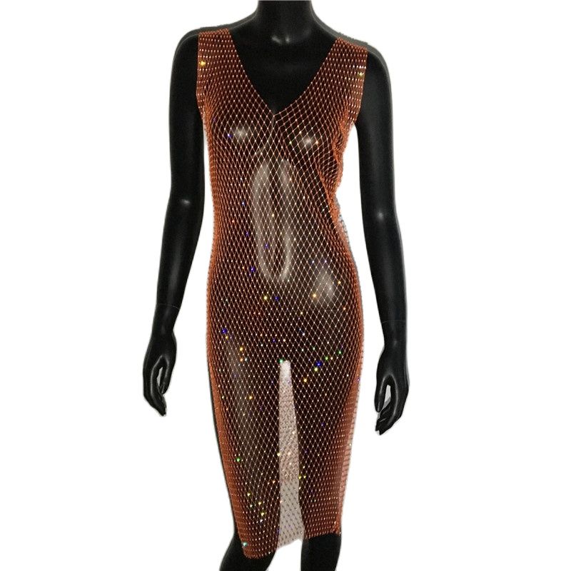 Rhinestone Mesh Party Sequins Crystal Dress Women Sexy Sleeveless Hollow Out Bodycon Outwear Nightclub Beach Dresses The Clothing Company Sydney