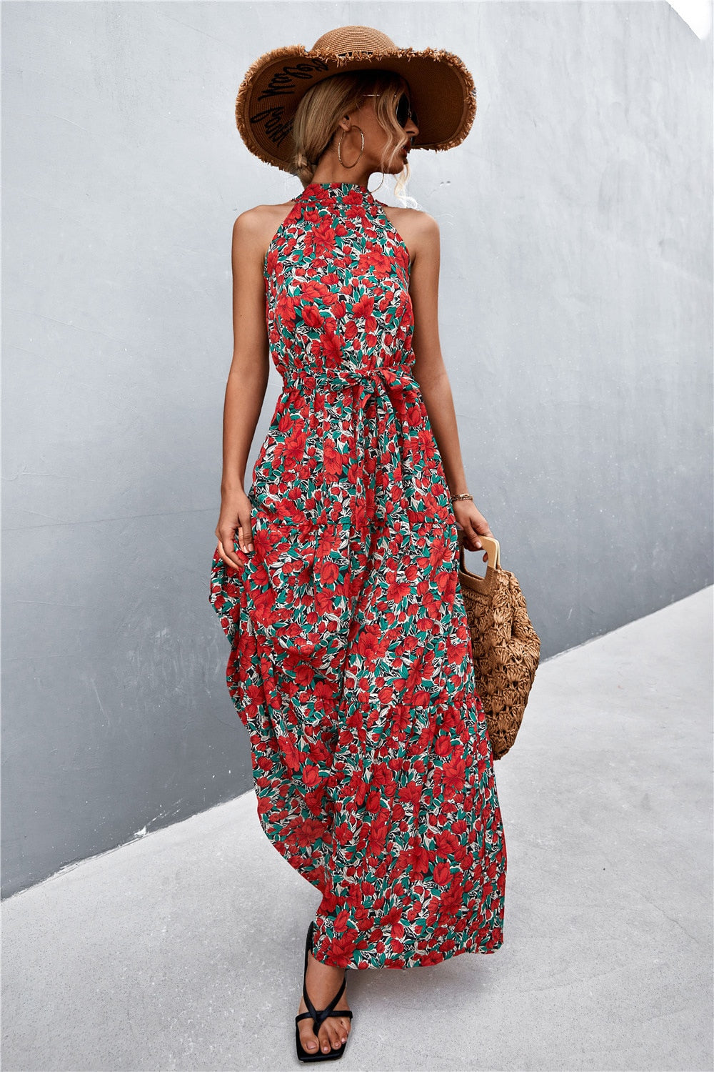 Summer Holiday Flower Printed Folds Blue Dress Beach Casual Neck-mounted Bandage Elegant Party Long Dress The Clothing Company Sydney