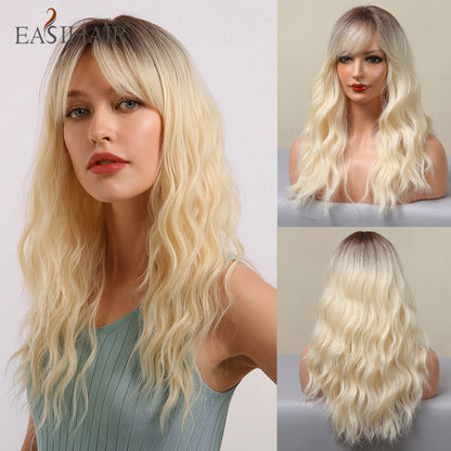 Ombre Gray Ash Wavy Wigs with Bang Light Blonde Platinum Synthetic Long Hair for Women Daily Party Heat Resistant Fiber Wigs The Clothing Company Sydney