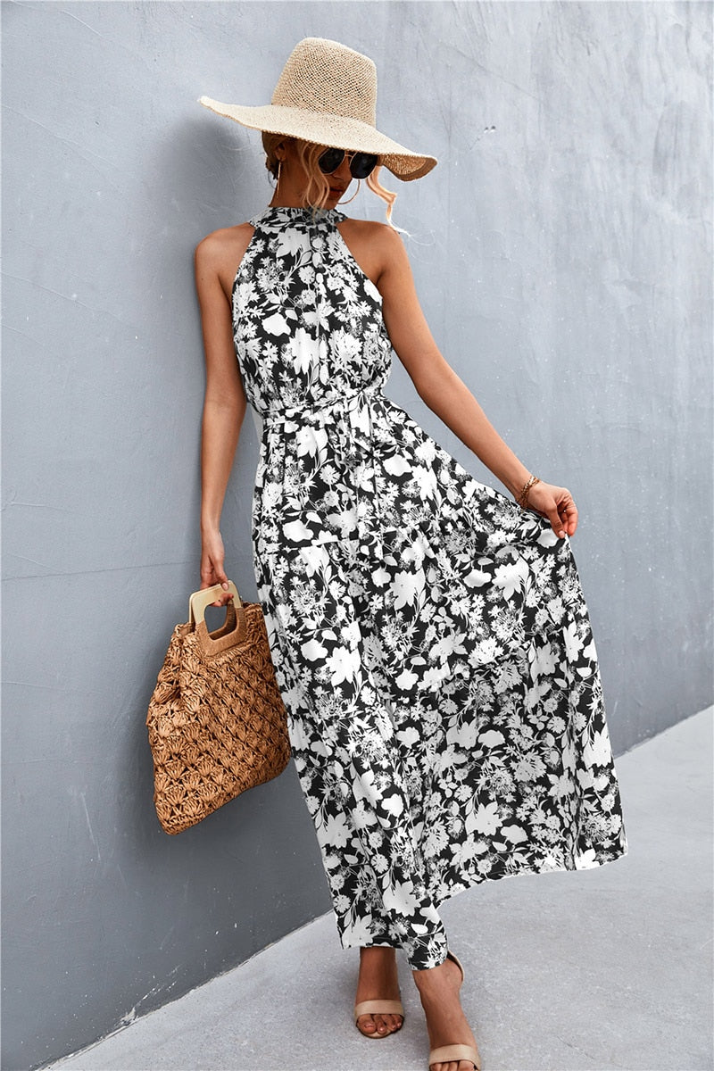 Summer Holiday Flower Printed Folds Blue Dress Beach Casual Neck-mounted Bandage Elegant Party Long Dress The Clothing Company Sydney