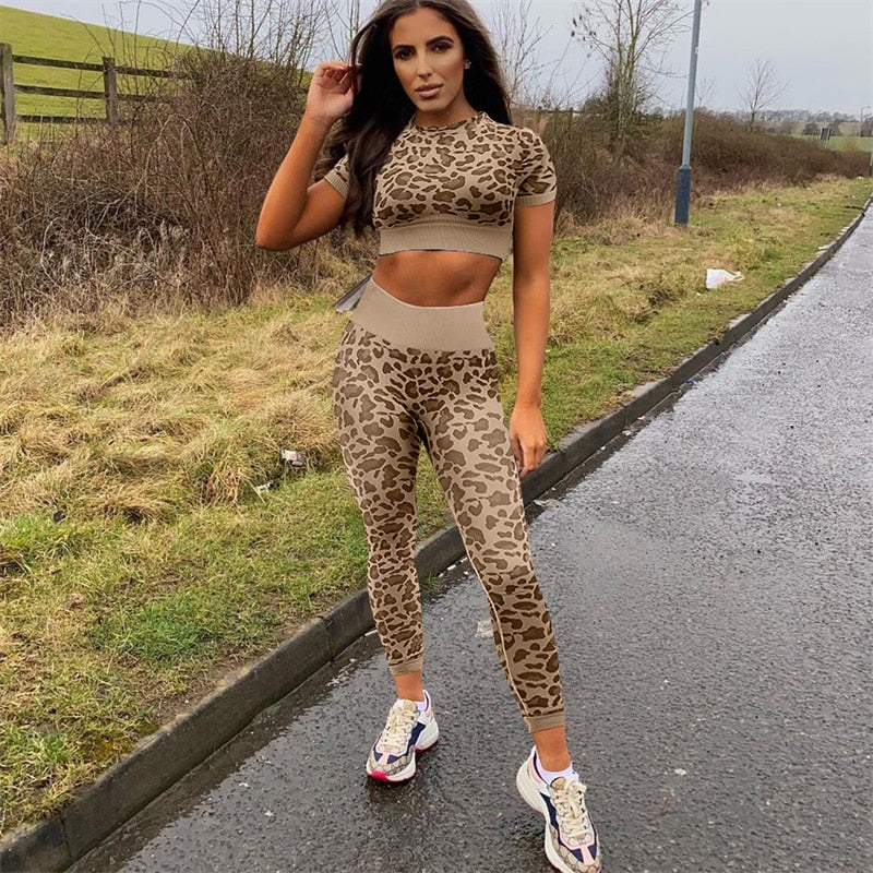 2 Piece Seamless Yoga Suit Women Fitness Suits Leopard Print Short Sleeve Crop Top Tight Hip Lift Pants Yoga Set  Women Sport Suits The Clothing Company Sydney