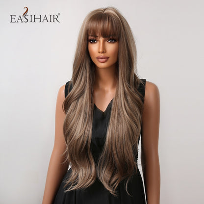 Brown Mixed Blonde Synthetic Wigs with Bang Long Natural Wavy Hair Wig for Women Daily Cosplay Use Heat Resistant Wigs The Clothing Company Sydney