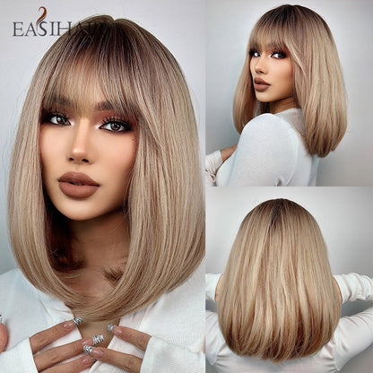 Short Straight Bob Wigs with Bang Golden Brown Natural Synthetic Hair for Women Daily Cosplay Heat Resistant Fiber Wigs The Clothing Company Sydney