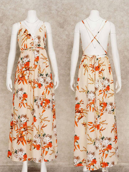 Elegant Ladies Print Spaghetti Strap Beach Holiday High Waist A-line Dress Casual Summer Split Dress The Clothing Company Sydney