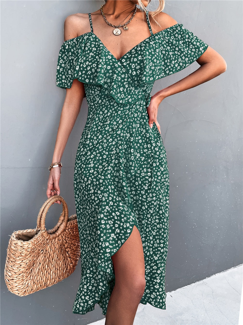 Summer Straps Midi Dress Beach Casual Party Off Shoulder Slim Ruffles Floral Print Dresses The Clothing Company Sydney