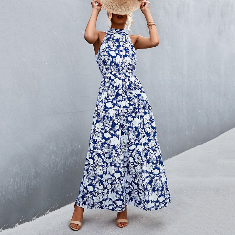 Summer Holiday Flower Printed Folds Blue Dress Beach Casual Neck-mounted Bandage Elegant Party Long Dress The Clothing Company Sydney