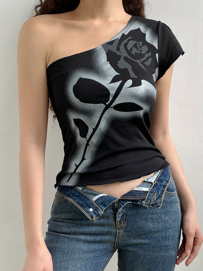 Asymmetrical Dark Academia Rose Printed Summer One Shoulder Grunge Gothic Clothes Tank Cropped Vintage Top The Clothing Company Sydney
