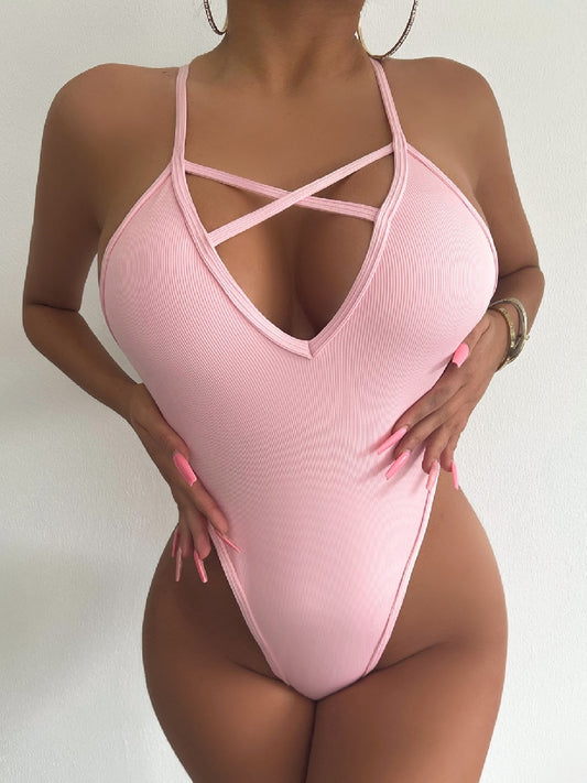 Backless Swimsuit One Piece Thong Bathing Suit Pink Cross Straps Tanga G String Beach Wear Summer Outfit The Clothing Company Sydney