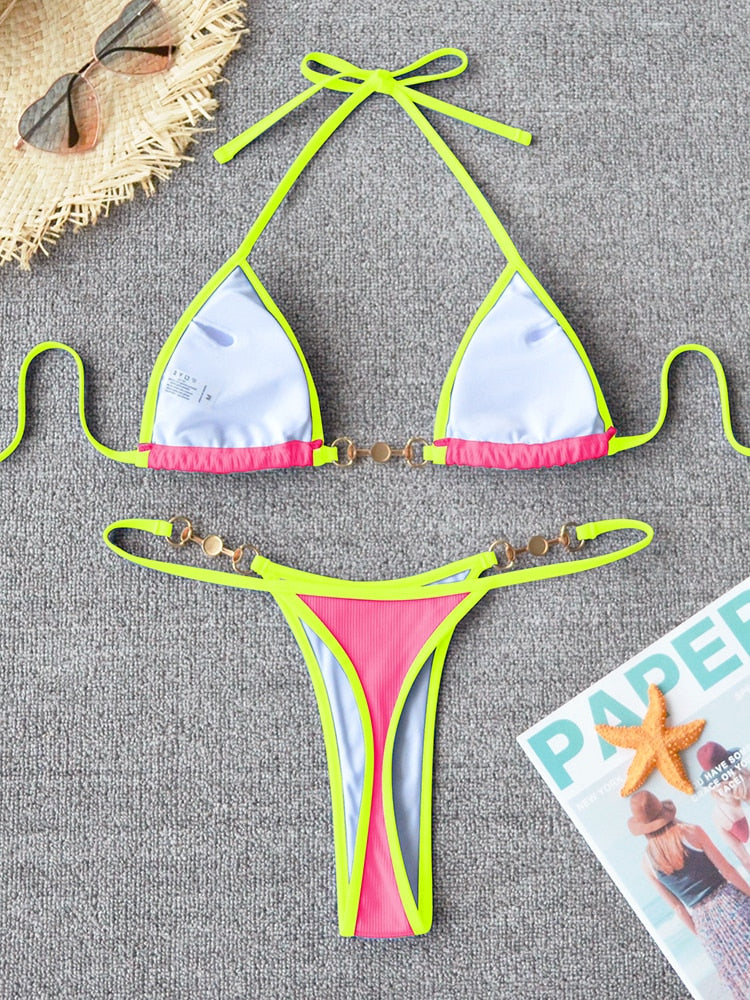 2 Piece Micro Bikini Chain Swimsuit Swimwear Ribbed Bikini Set Brazilian Bathing Suit Beach Wear Bather Bikini Set The Clothing Company Sydney