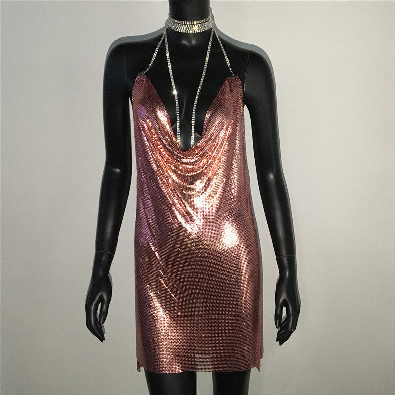 Gold Sequined Patchwork Mini Dress Women Sleeveless Low Cut Metal Chains Halter Slim Charming Nightclub Party Dresses The Clothing Company Sydney