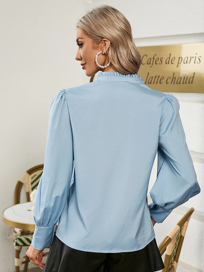 Elegant lantern sleeve shirt winter blue Casual lace buttons shirt Patchwork top blouses The Clothing Company Sydney