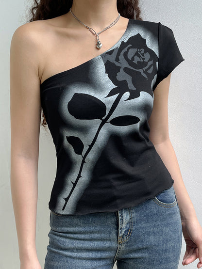 Asymmetrical Dark Academia Rose Printed Summer One Shoulder Grunge Gothic Clothes Tank Cropped Vintage Top The Clothing Company Sydney