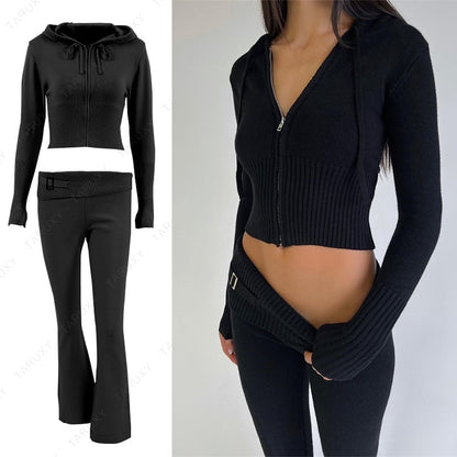 Women's Spring Outfits Casual Zipper Sweater Hoodie Set High Waist Flare Pants Suits Pink Knitted Y2k Two Piece Set The Clothing Company Sydney