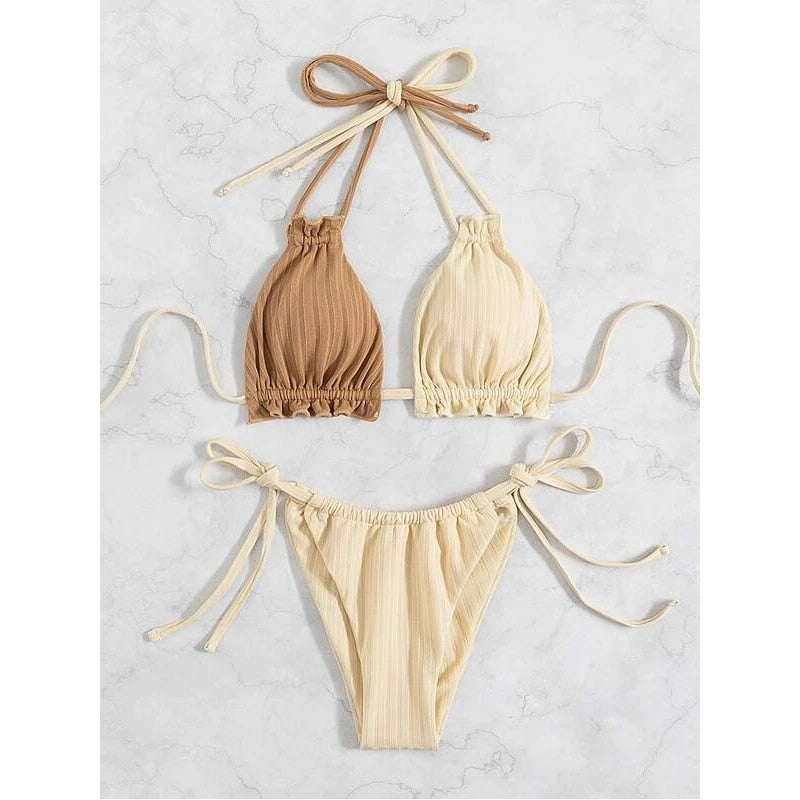 2 Piece Solid Color Drawstring Split Swimwear Ruffle Style Beachwear Matching Bandage Swimsuit Bikini Set The Clothing Company Sydney