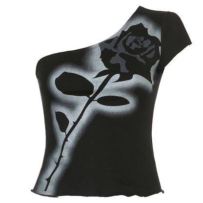 Asymmetrical Dark Academia Rose Printed Summer One Shoulder Grunge Gothic Clothes Tank Cropped Vintage Top The Clothing Company Sydney