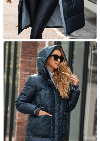 Women's down Jacket Long Classic zipper design Big Pocket Stand Collar Hooded Slim coat Women Parkas The Clothing Company Sydney
