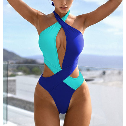 Cut Out Swimsuit One Piece Colorblock Swimwear Wrap Halter Monokini High Cut Bathing Suit Bodysuit Beachwear The Clothing Company Sydney