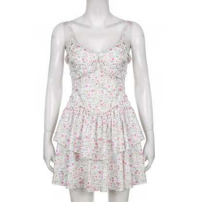 French Romantic Strap Floral Printing Summer Fashion Chic Ruffles Pleated Dress Mini Double Layer Dress The Clothing Company Sydney