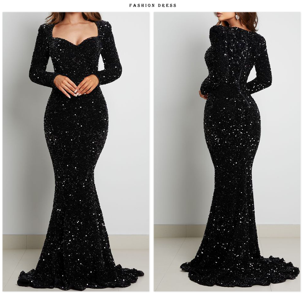 Luxury Long Sleeve Evening Gown Sequin Stretchy Velvet V Neck Mermaid Prom Floor Length Formal Cocktail Dress The Clothing Company Sydney