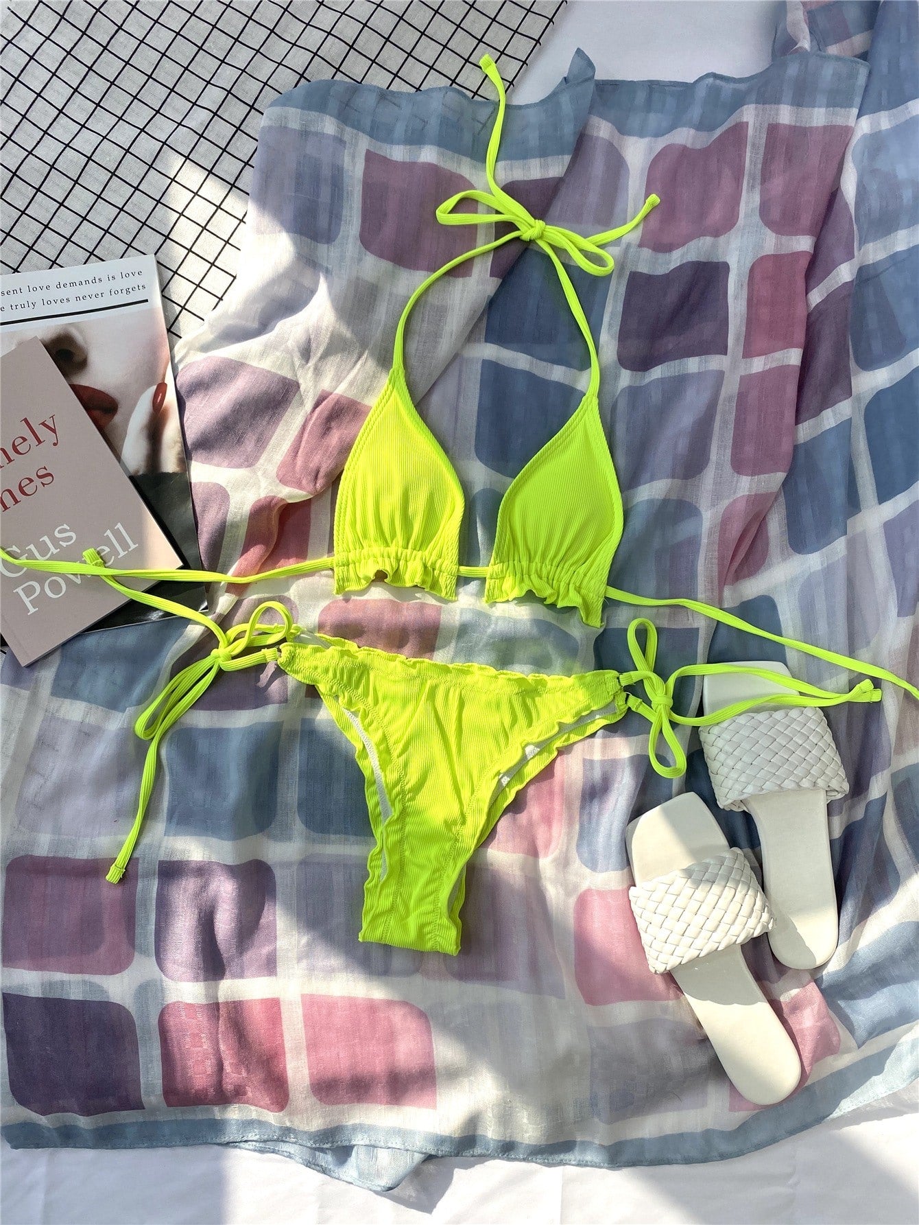 Neon Lime Rib Triangle Tie Side Bikini Swimsuit Women Two Piece Swimwear Bikini Set Summer Beach Bathing Suit The Clothing Company Sydney