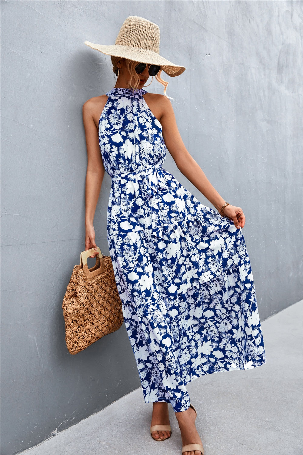 Summer Holiday Flower Printed Folds Blue Dress Beach Casual Neck-mounted Bandage Elegant Party Long Dress The Clothing Company Sydney