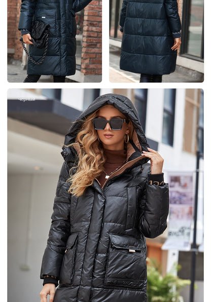 Women's down Jacket Long Classic zipper design Big Pocket Stand Collar Hooded Slim coat Women Parkas The Clothing Company Sydney