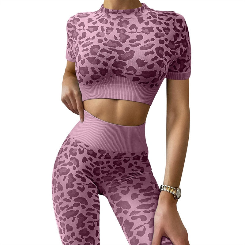 2 Piece Seamless Yoga Suit Women Fitness Suits Leopard Print Short Sleeve Crop Top Tight Hip Lift Pants Yoga Set  Women Sport Suits The Clothing Company Sydney