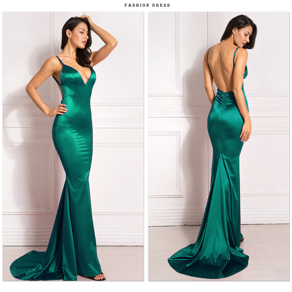 Backless Satin Evening Gown Strappy Deep V Neck Floor Length Prom Padded Stretch Formal Cocktail Wedding Party Dresses The Clothing Company Sydney